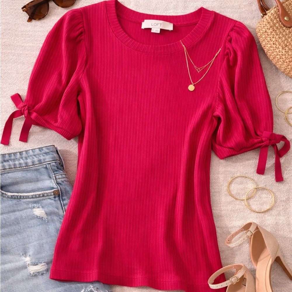 LOFT Pink Ribbed Puff Sleeve Bow Detail Top Size M